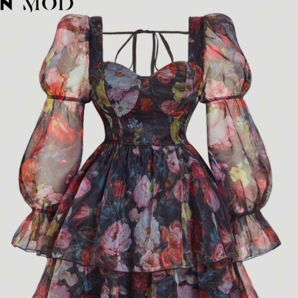 SHEIN Floral Tiered Ruffled Sundress with Bishop Sleeves size 16